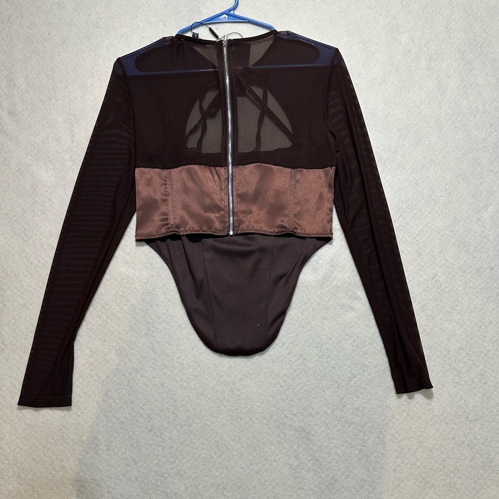 Fashion Nova Black and Brown Sheer Long Sleeve Top